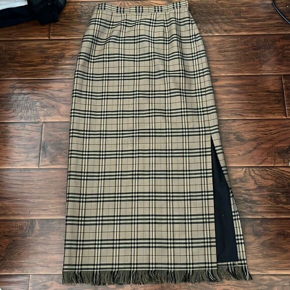 Vintage Dresses & Skirts - Vintage Rafaella Wool Plaid Fringe Skirt Boho Feminine Casual Slit Academia